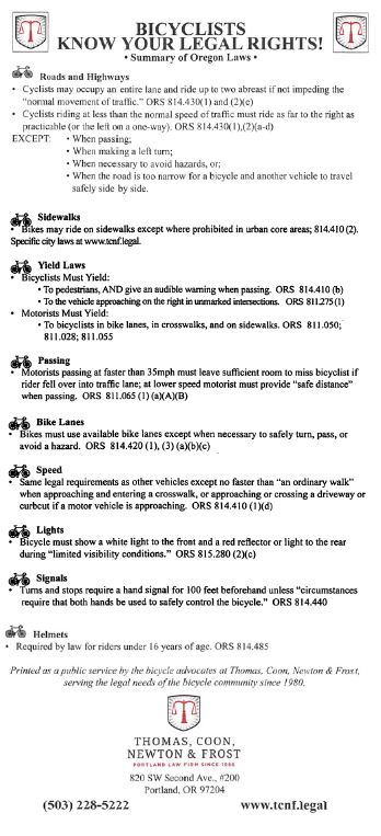 Quick Reference Guide to OR Bicyclist Legal Rights