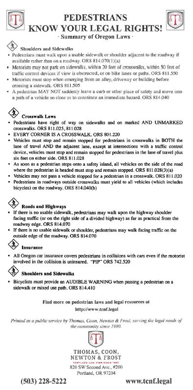 Quick Reference Guide to Pedestrian Legal Rights in OR